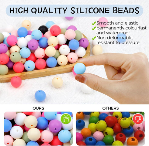 120PCS FIVEIZERO Silicone Beads, 15mm Silicone Beads White for Keychain Making Bulk Round Silicone Beadsfor Bracelet Necklace DIY Crafts Making (W...