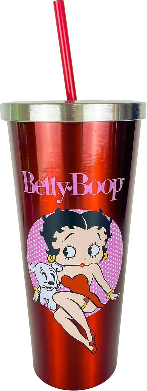 Spoontiques Betty Boop Stainless Steel Tumbler, 24oz - Double Wall Insulated Travel Cup with Straw...