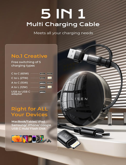 LISEN Retractable Charger, 60W PD3.0 Fast Retractable Phone Wall Plug, 5-in-1 Retractable Lightning Cable for MacBook Pro Air, Samsung Galaxy S24 ...
