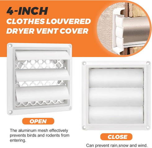 4" Louvered Dryer Vent Cover by Beaquicy - Outdoor White Exhaust Cap with Aluminum Built-in Pest Guard Screen & Screws for 4 Inch Opening Hood Duc...