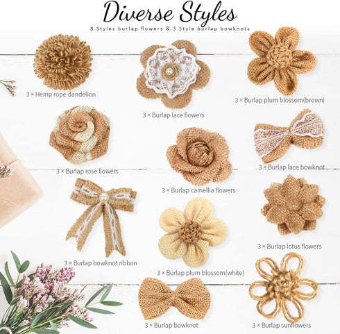 LEOBRO 33PCS Handmade Burlap Flowers Set, 8 Styles Natural Rustic Burlap Flowers & 3 Styles Craft Burlap Lace Pearl Bowknot Great for Wedding Home...