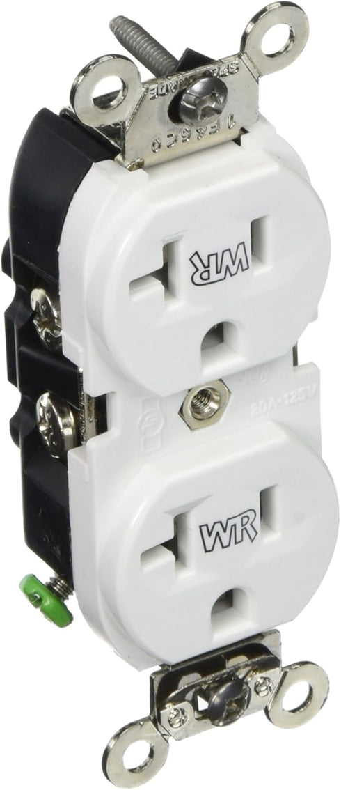 Leviton WBR20-W 20-Amp, 125-Volt, Wide Body Duplex Receptacle, Straight Blade, Industrial Grade, Self Grounding, Weather Resistant, White...