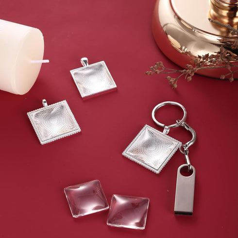 Miraclekoo 40 Pcs Square Bezel Pendant Trays with Glass Cabochon 25 mm Blanks Bezel Cabochon Set for Photo Pendant Craft Jewelry Making...