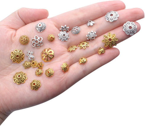 100g (200-350pcs) Mixed Metal Flower Bead Caps Spacer Beads Bali Style Jewelry Findings for DIY Crafting Jewelry Making, Antique Gold and Antique ...
