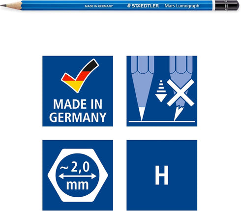 Staedtler Mars Lumograph Pre-Sharpened Writing and Art Drawing Pencils, H Lead, Box of 12, 100-H...