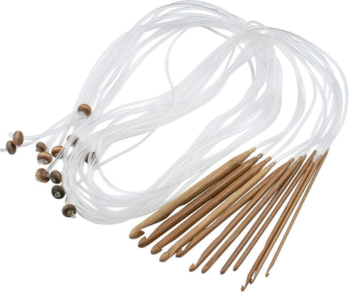AUEAR, Set of 12 Size Bamboo Knitting Needles Tunisian Afghan Crochet Hook with Plastic Cable 3mm to 10mm Carpet Rug Weave Carbonized (Clear)...