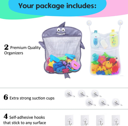 2 x Mesh Bath Toy Organizer + 6 Ultra Strong Hooks – The Perfect Bathtub Toy Holder & Bathroom or Shower Caddy – These Multi-use Net Bags Make Bab...