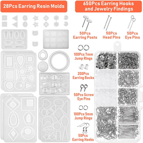 Resin Molds for Jewelry, Paxcoo 678pcs Earring Making Kit with 28pcs Epoxy Molds and 650pcs Earring Hooks, Jump Rings for Pendants, Resin Crafts, ...