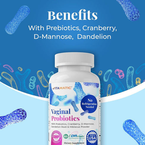 Vitamatic Vaginal Probiotics 20 Billions for Women pH Balance & Odor Control with Prebiotics & Probiotics 60 DR Capsules - Made with Cranberry, D-...