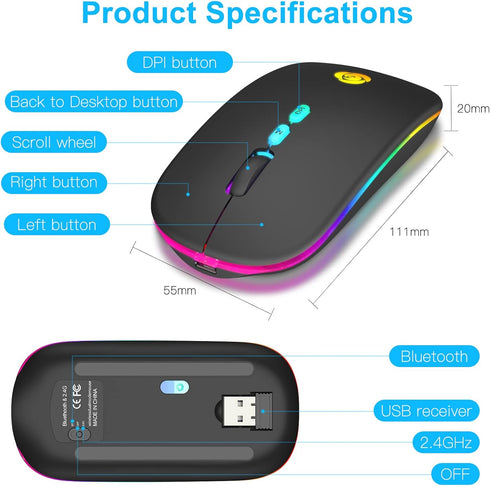CC Store LED Wireless Bluetooth Mouse &2.4GHz Instant Connection,Rechargeable Ultra Silent Slim,3 Adjustable DPI 2 Connection Modes with USB-C to ...