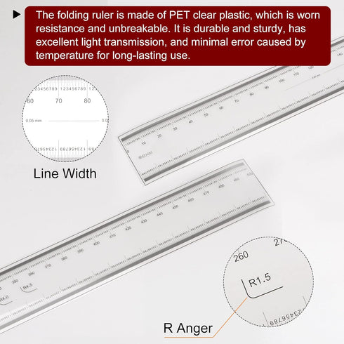 Film Flexible Ruler 50cm 0.1mm Scale with R Angle & Width Lines PET Plastic Folding Straight Ruler Calibration Soft Ruler Measuring Tool for Facto...