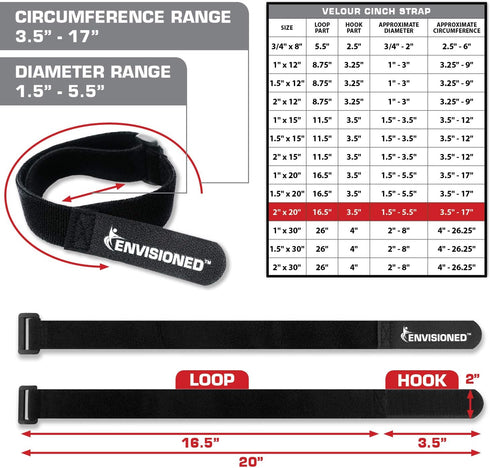 Velour Cinch Straps 2" x 20" - 6 Pack, Soft Touch Microfiber Reusable Hook and Loop...