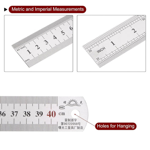 3pcs Stainless Steel Ruler 40cm/16" Length x 1/28" Thick x 1-1/7" Wide Inch and Metric Straight Edge Measuring Tools for Woodworking Painting Craf...
