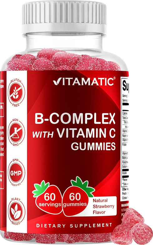 Vitamatic Vitamin B Complex Gummies with Vitamin C & Inositol - Natural Strawberry Flavor - 60 Gummies (2 Bottles)...