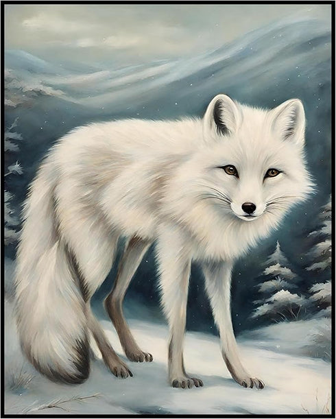 Posterizer 1 pcs-white arctic fox in snowy winter scene-oil painting style 6-Art for Animal Lovers-Landscape & Nature Art-Decor for Home & Office-...