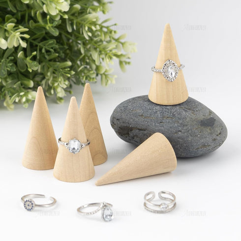 AUEAR, 10 Pack Wood Cone Ring Holder Finger Jewelry Display Stand DIY Craft Wooden (Natural, Vertical Shaped)...