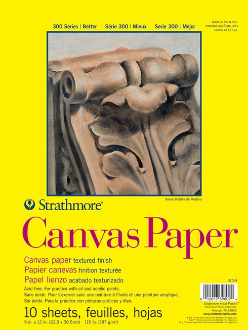 Strathmore 300 Series Canvas Paper Pad, Glue Bound, 9x12 inches, 10 Sheets (115lb/187g) - Artist Paper for Adults and Students - Acrylic and Oil P...