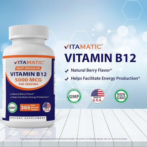 Vitamatic Vitamin B12 5000 mcg per Serving Fast Dissolve 365 Tablets - Berry Flavor - Supports Energy Metabolism...