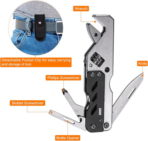 5 in 1 Multitool Wrench with Knife, Flat/Phillips Screwdriver and Bottle Opener, Folding Multifunctional Adjustable Wrenches with 9 in 1 Bits Set,...