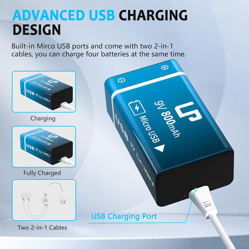 LP 9V Rechargeable Battery Pack, 2-Pack 800mAh Li-ion 9 Volt USB Battery with Micro USB Charging Port for Alarms, Wireless Microphones, Smoke Dete...