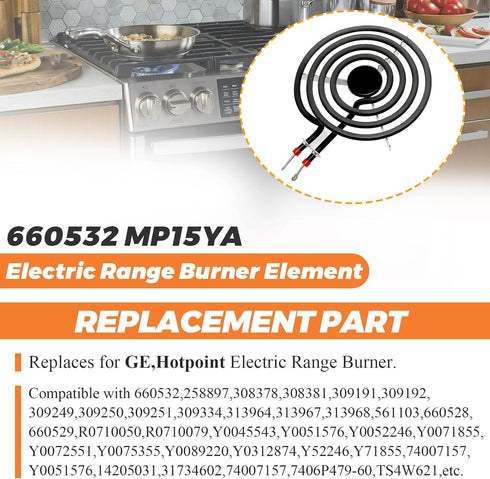 660532 MP15YA Electric Range Burner Element 6 inch 1500W 4 Turns surface element replacement for Whirlpool Kenmore ranges replacement burners wfc310s0ak, rf110axsq3, kf330add1,ffef3011lwd,etc.