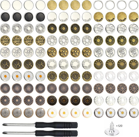 TSZYYM 120 Sets Buttons for Jeans,No-Sew Removable Adjustable Metal Jean Buttons Pins, Pants Jeans Button Replacement Tightener Repair Combo Threa...
