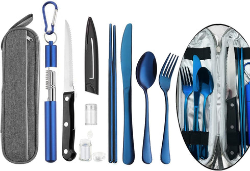 Portable Travel Reusable Utensils Silverware with Case,Travel Camping Cutlery set,Chopsticks and Straw Flatware, Stainless steel Travel Utensil se...