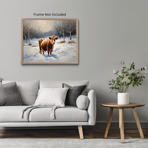 Posterizer 1 pcs-cute cow in snowy winter scene-oil painting style-3-Art for Animal Lovers-Landscape & Nature Art-Decor for Home & Office- unframe...
