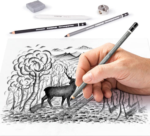 STAEDTLER Mars Lumograph Art Set | Drawing Kit with Charcoal and Graphite Drawing Pencils, Blending Stump, Kneadable Eraser and Dual Hole Sharpene...
