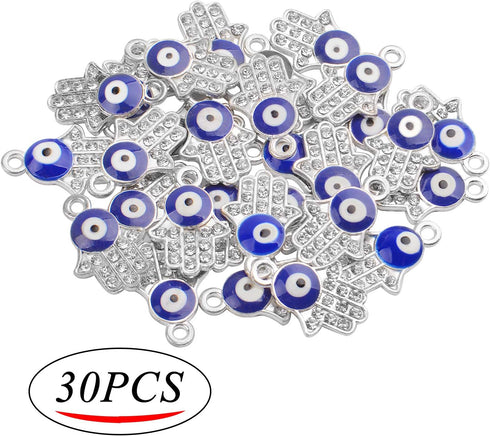 Aylifu 30pcs Hamsa Hand Evil Eye Charms Hand of Fatima Pendants Rhinestones Jewelry Making Findings for DIY Necklace Bracelet,Silver...