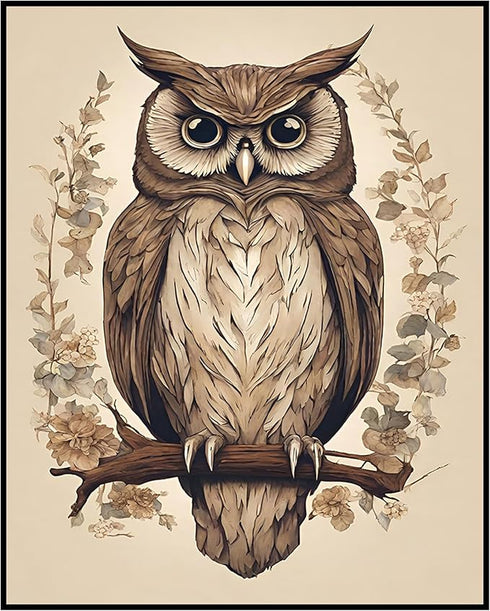 Posterizer 1 pcs- Brown owl with pastel brown background-Art for Animal Lovers-Floral Botanical Art- Gift for Men Women Entrepreneur Teens-Living ...