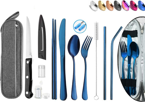 Portable Reusable Travel Utensils Silverware with Case,Travel Camping Cutlery set,Chopsticks and Straw, Flatware Cutlery Set with Case, Stainless ...