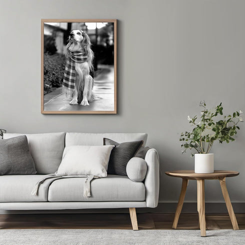 Posterizer 1 pcs-black and white photo of a long haired dog with a scarf-Art for Animal Lovers-Gift for Men Women Teens-Decor for Home & Office- u...
