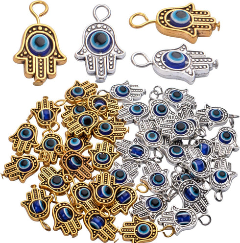 40pcs Antique Hamsa Hand Evil Eye Charms Hand of Fatima Pendants Jewelry Findings Accessory for DIY Necklace Bracelet Crafting Supplies,Gold & Sil...