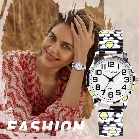 Lancardo Women Stretch Band Watch: Bohemia Flower Elastic Analog Quartz Big Number White Dial Wristwatch Easy to Read Womens Day...