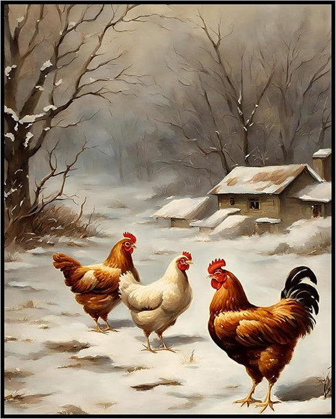 Posterizer 1 pcs-chicken in snowy winter scene-oil painting style -1-Art for Animal Lovers-Landscape & Nature Art-Decor for Home & Office- unframe...
