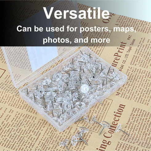 150 PCS Clear Push Pins Tacks Count in Reusable Box for Bulletin Boards and Wall Displays Heavy Duty Plastic Head...
