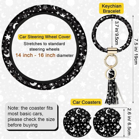 4 Pieces Black Moons White Stars Print Car Accessories Set Black Moons White Stars Steering Wheel Cover with 2 Pieces Car Cup Mats and Leather Key...