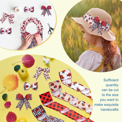 WILLBOND 4 Rolls 2.5 Inch x 24 Yard Ladybugs Ribbons Ladybug Wired Ribbon Red Polka Dot Wired Edge Ribbon for Ladybug Party Decoration...