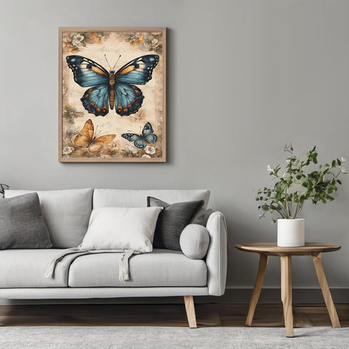 Posterizer 1 pcs- Three blue and yellow butterflies on wild flowers-Art for Animal Lovers-Floral Botanical Art- Gift for Men Women Teens-Living R...