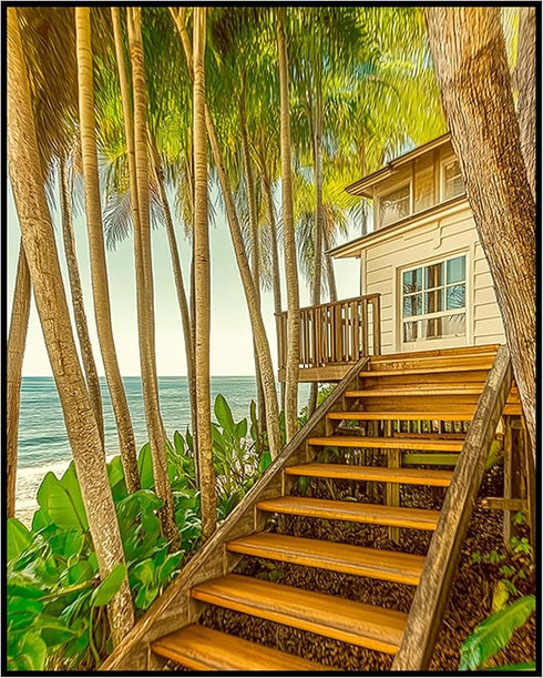 Posterizer 1 pcs-serene coastal scene with tall palm trees and stairway 1-Landscape & Nature Art-Coastal & Nautical Art-Decor for Home & Office- u...