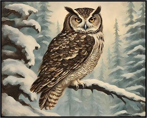 Posterizer 1 pcs-owl in nature-winter snowy scene in oil painting style-7-Art for Animal Lovers-Landscape & Nature Art-Decor for Home & Office- un...