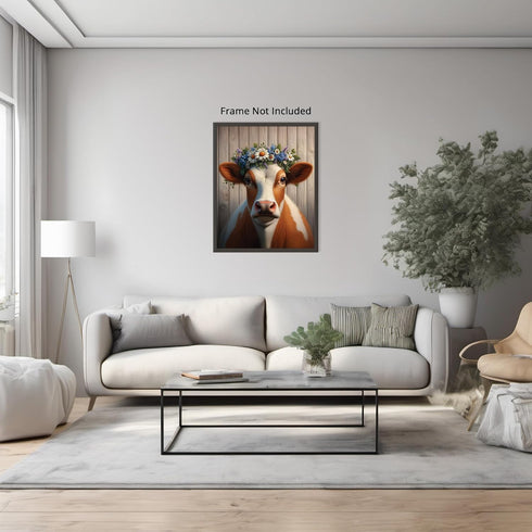 Posterizer 1 pcs-Cow Picture with Flower Crown-Farmhouse Print-Art for Animal Lovers-Floral Botanical Art-Gift For Animal Lovers-Living Room Bedro...