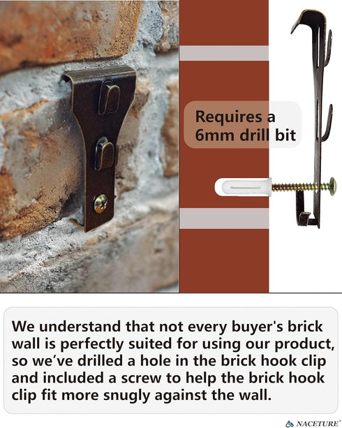 NACETURE Brick Hook Clips (8Pack) - Require More Than 1/8” Brick Wall Cement Gap., Fits 2-1/4 to 2-2/5 Inch Bricks Size...