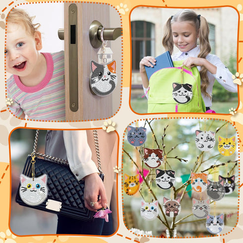 Frienda 24 Pcs Cat Diamond Painting Keychains Kit Cute Cat Diamond Art Key Chains Dot Drill Diamond Painting Ornaments Set DIY Art Craft Supplies ...