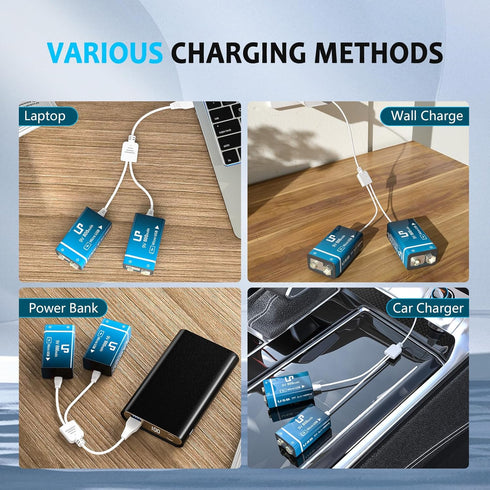 LP 9V Rechargeable Battery Pack, 2-Pack 800mAh Li-ion 9 Volt USB Battery with Micro USB Charging Port for Alarms, Wireless Microphones, Smoke Dete...