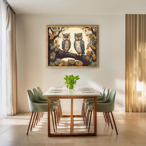 Posterizer 1 pcs- Two blue and white owls sitting on a tree in Autumn-Art for Animal Lovers-Floral Botanical Art- Gift for Men Women Teens-Living ...