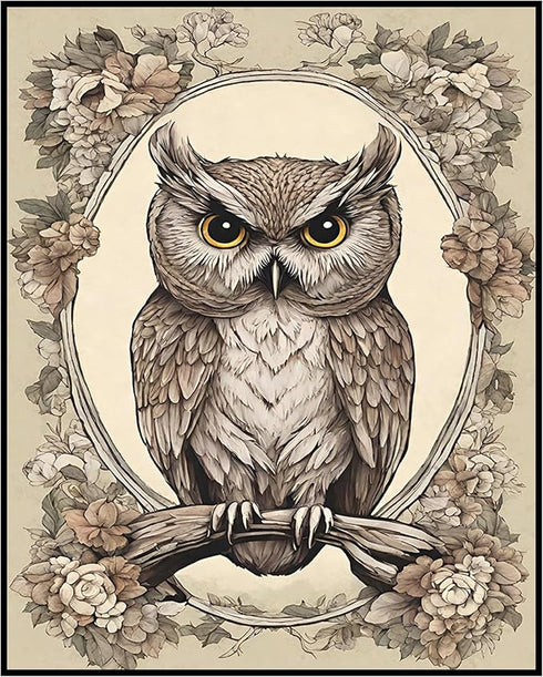 Posterizer 1 pcs- Brown owl in the middle of a beautiful frame-Art for Animal Lovers-Floral Botanical Art- Gift for Men Women Teens-Living Room B...
