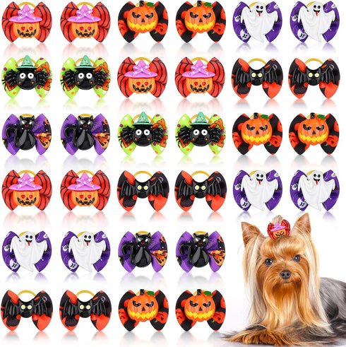 Frienda 64 Pieces Halloween Dog Hair Bows Halloween Dog Topknot Bows with Rubber Bands Pumpkin Ghost Bat Pet Hair Bows Puppy Grooming Bows Hallowe...