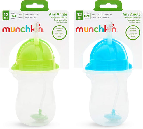Munchkin Any Angle Weighted Toddler Straw Cups with Click Lock Lid, 10 Ounce, 2 Pack, Blue/Green...